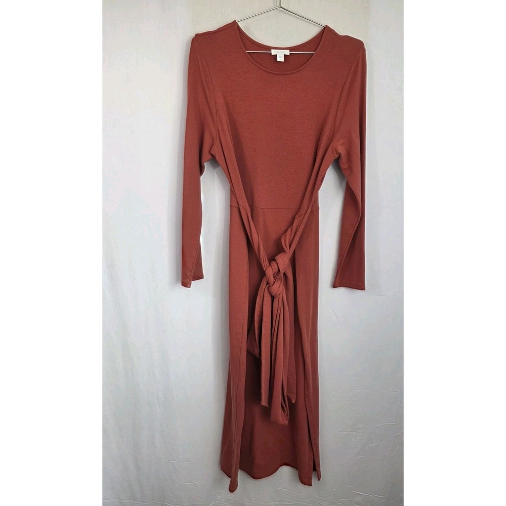 Pure Jill Maxi Dress Women Medium Orange Long Sleeve Pima Cotton Blend Tie Waist